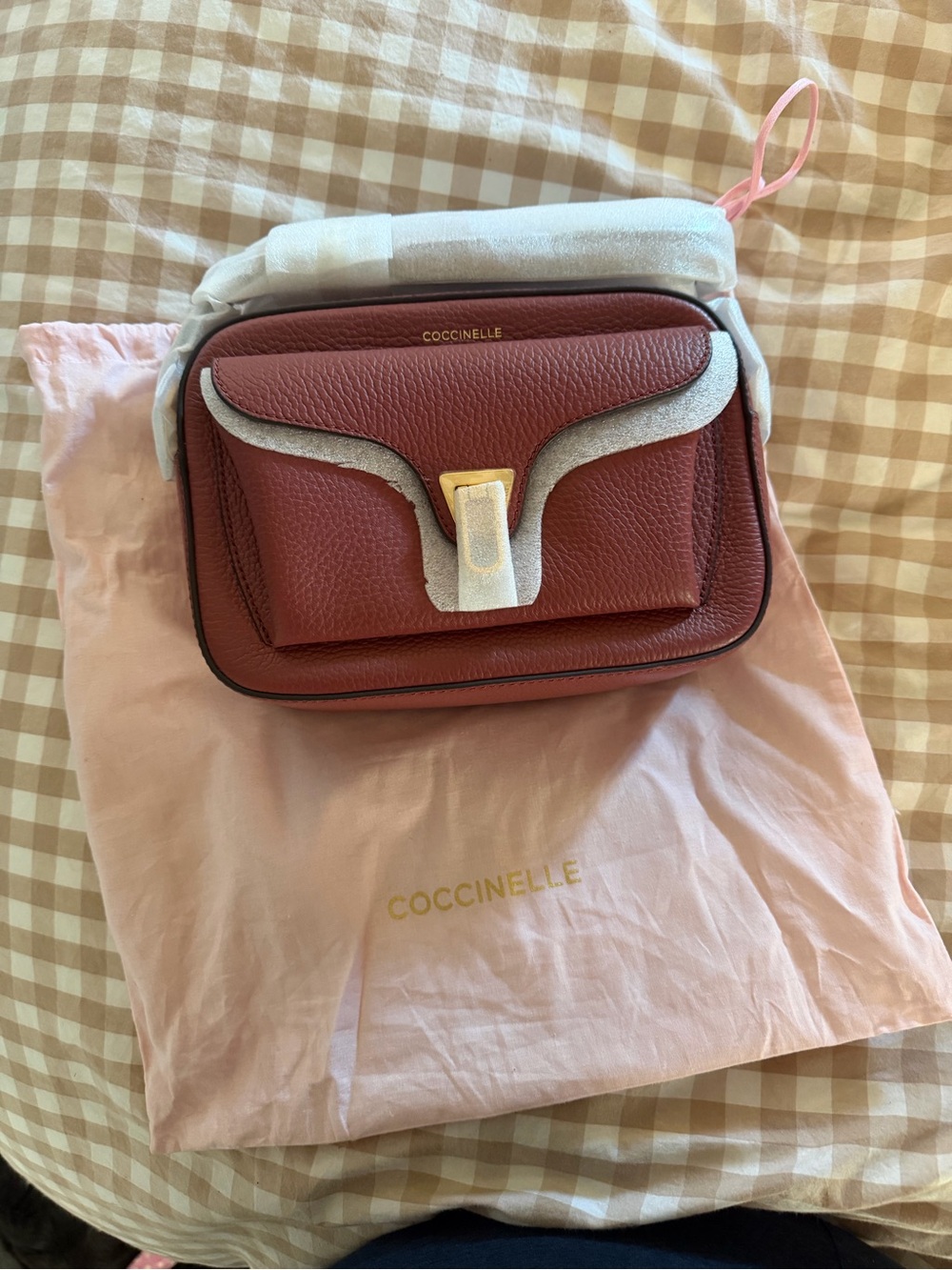 Coccinelle Burgundy Pebbled Leather Crossbody with Gold-Tone Clasp
